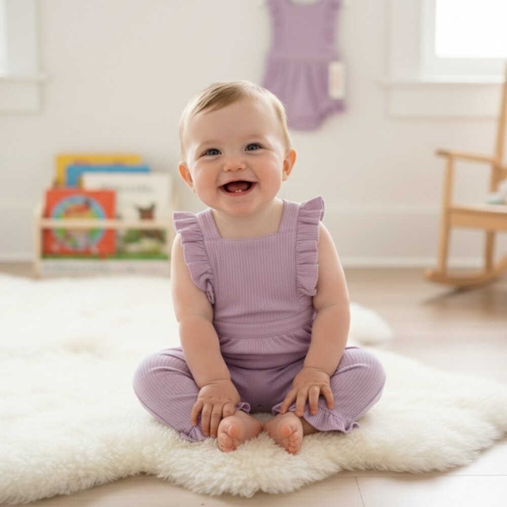 Lavender Ruffle Baby Romper – Soft Ribbed Cotton Summer Outfit